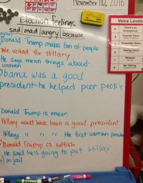 A whiteboard bears witness to children's feelings after Donald Trump's victory.