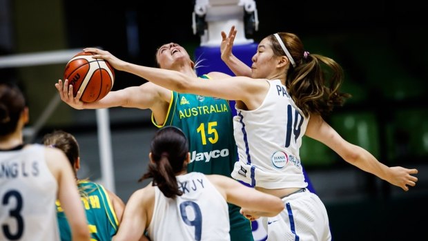 Opals forward Sara Blicavs attempts a reverse layup against the Korean defence.