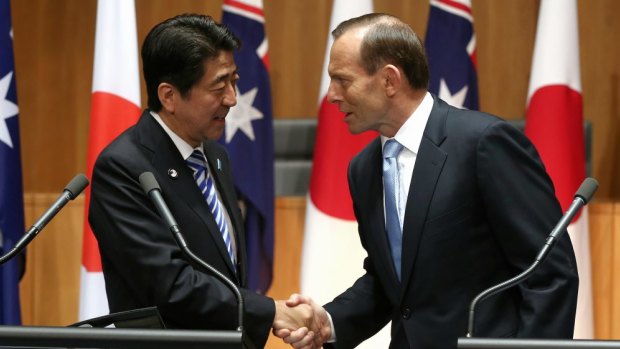 Prime Minister Tony Abbott and Japanese Prime Minister Shinzo Abe at Parliament House in Canberra.