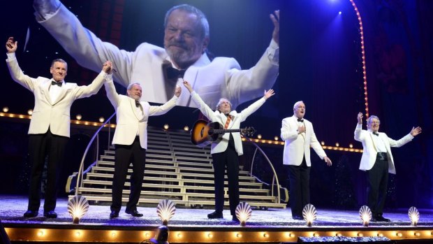 Michael Palin, Terry Gilliam, Eric Idle, John Cleese and Terry Jones on stage during the opening night of <i>Monty Python Live (Mostly)</i>.
