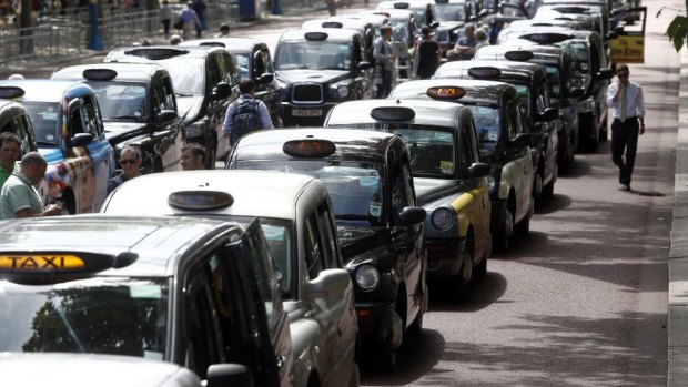 London taxi cabs parked in protest against Uber. 