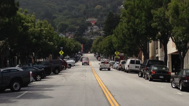 Visitacion Avenue, the main street of Brisbane, California. 