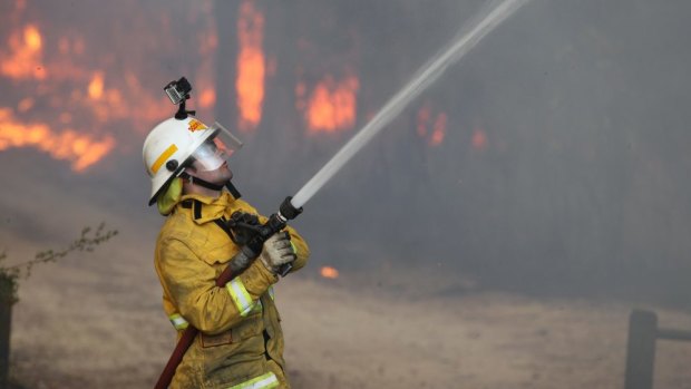 A firefighter tackling a bushfire at Winmalee in October 2013. 