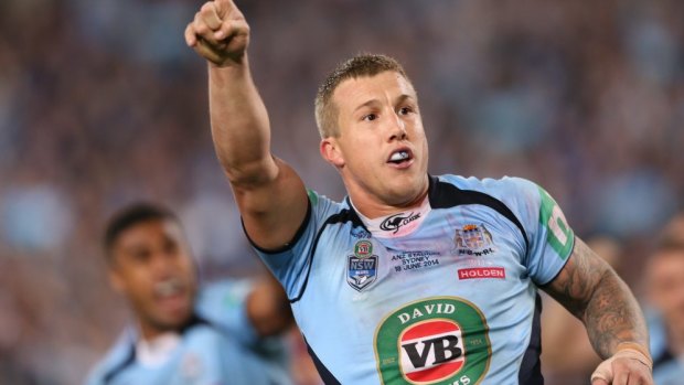 Trent Hodkinson celebrates the only try of the second State of Origin match.