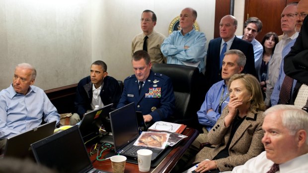 Vice-President Joe Biden, left, President Obama and Secretary of State Hillary Clinton with members of the national security team receiving an update on the mission against Osama bin Laden on May 1, 2011.