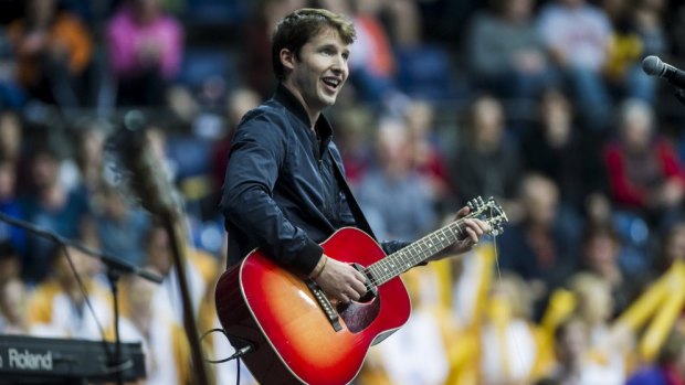 James Blunt performs at the AIS arena before the Australia v Finland volleyball match.