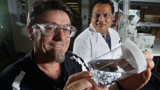 Professor Gordon Wallace, of the Australian ARC Centre of Excellence for Electro Materials with Dr Sanjeev Gambhi,  and some spun graphene in 2012. It can be used to make bullet proof jackets lighter and stronger.