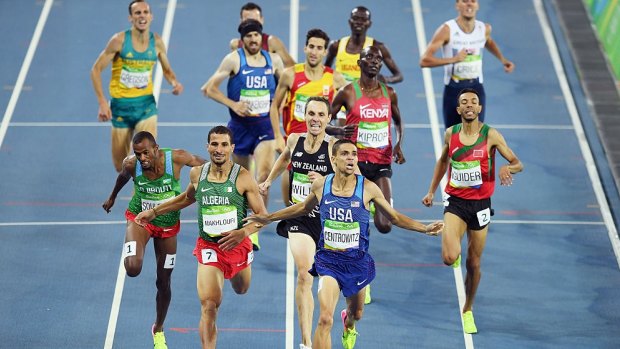 Costly mistake: Matthew Centrowitz wins the 1500m final as Ryan Gregson (back left) battles to 9th.