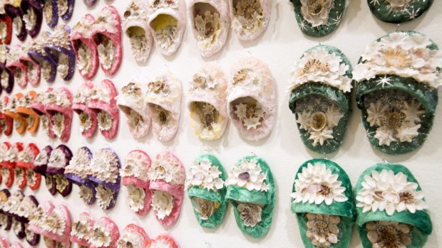 "Esme's <i>Shellworked Slippers</i> is created through intense handwork and carries an element of minimalism from its repetition," Biennale director Mami Kataoka says.