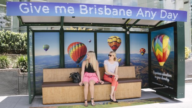 This bus shelter is done up to look like a hot air balloon near Eagle St Pier as part of a new advertising campaign.