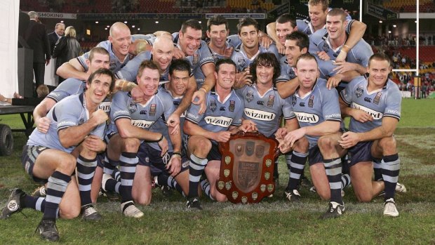 The Blues celebrate a famous series win at Suncorp in 2005.