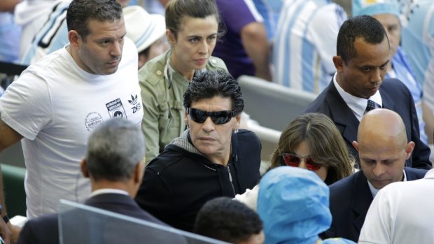 Diego Maradona in the stands during the Argentina v Iran game at Mineirao Stadium in Belo Horizonte.