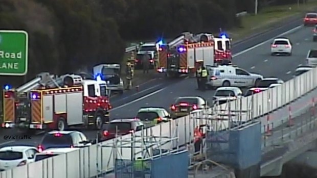Fire crews at the scene of a smash on the Monash inbound at Stud Road.