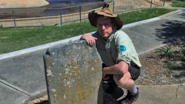 Tim the Yowie Man reflects at Henry Dunkley's grave which commands extensive views over the Gunning Sewerage Treatment Plant.