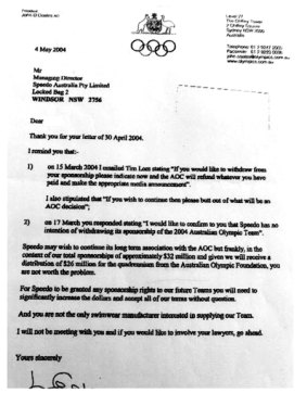 A letter dated 4 May 2004 from Australian Olympic Committee chief John Coates to Olympic swimming team sponsor Speedo Australia telling them to "butt out" of a decision relating to swimwear at the 2004 Athens Olympics.