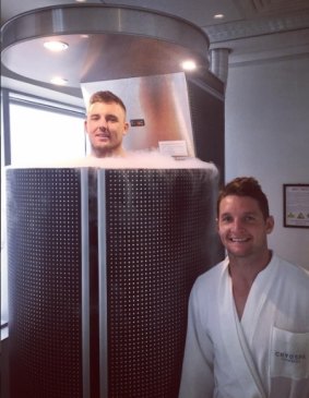 Canberra Raiders players Jarrod Croker and Clay Priest using a cyrotherapy machine to help recovery.