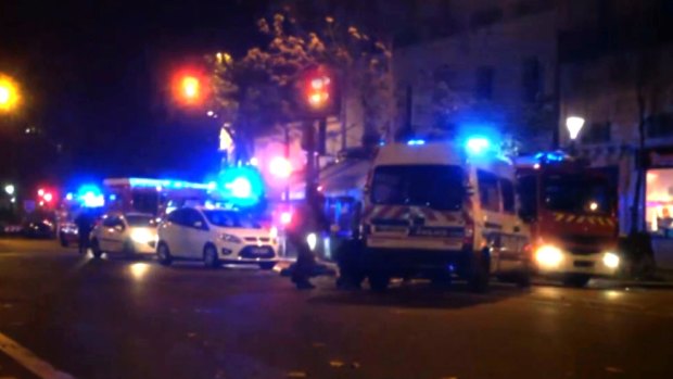 Emergency vehicles outside the Bataclan theatre.