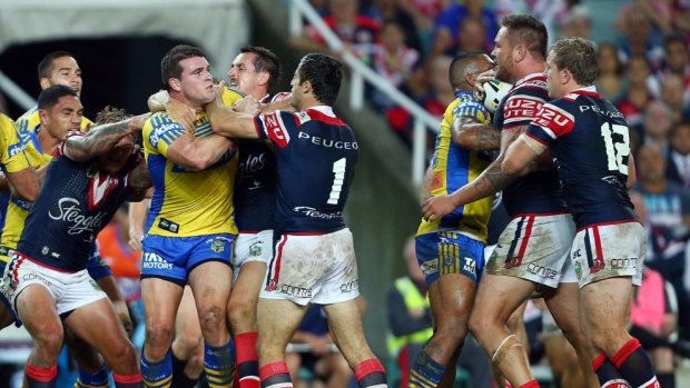 The aftermath: Darcy Lussick's hit on Waerea-Hargreaves sparked an altercation. 