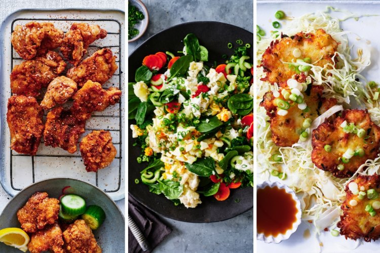 Three popular Japanese-inspired recipes: Julia Busuttil Nishimura's Japanese fried chicken; Adam Liaw's vegetable and potato salad; Karen Martini's prawn, potato, corn and seaweed fritters.