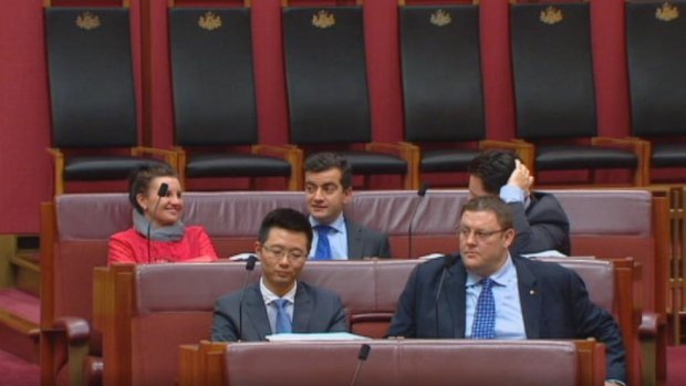 This image of Sentors Jacqui Lambie, Dio Wang, Sam Dastyari, Glenn Lazarus and Nick Xenophon voting in the Senate was captured by Department of Parliamentary Services cameras but would be banned from publication if captured by Press Gallery photographers.