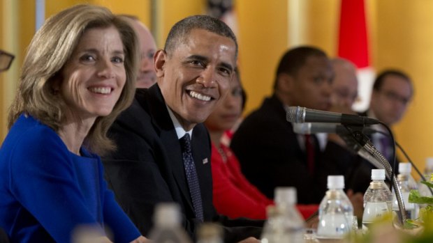 Caroline Kennedy with US President Barack Obama at a meeting with Japanese Prime Minister Shinzo Abe on April 24.