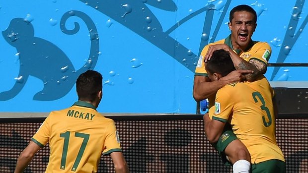 Australia's Tim Cahill celebrates after scoring his wonder goal against The Netherlands.
