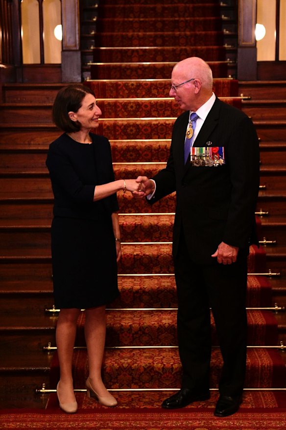 Gladys Berejiklian with Governor David Hurley after being sworn in as Premier.