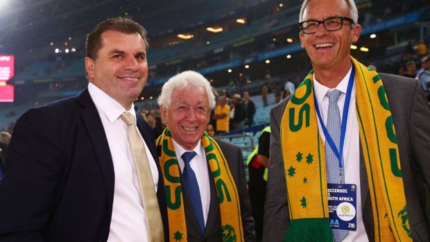 Socceroos coach Ange Postecoglou, Football Federation Australia chairman Frank Lowy and FFA chief executive David Gallop pictured in Sydney earlier this year.