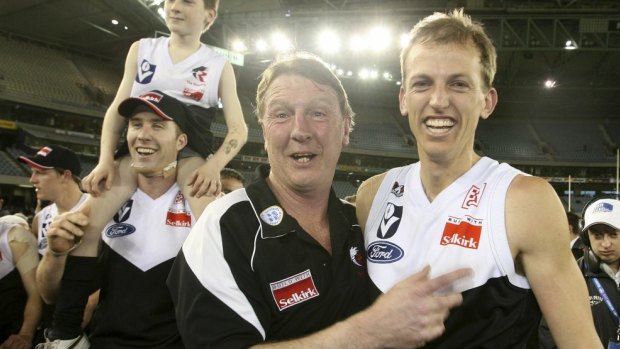 Gerard FitzGerald and Shaune Moloney celebrate the Roosters' 2010 premiership win.