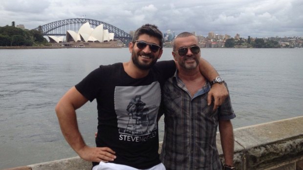 George Michael (R) with his then-boyfriend, Queensland-born Fadi Fawaz,  in Sydney in 2012.