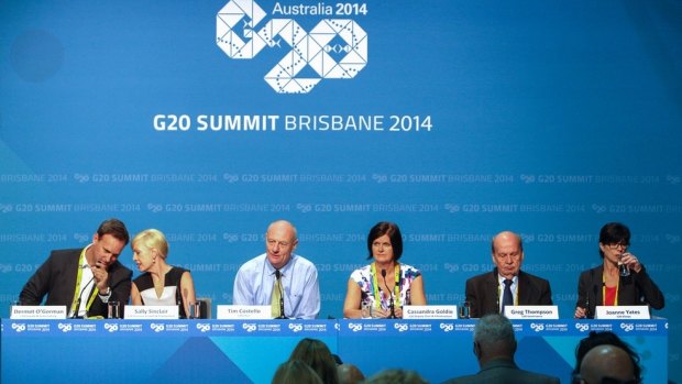 Deputy chair Cassandra Goldie (third from right), flanked by other members of the Civil Society (L-R) Dermot O'Gorman, Sally Sinclair, Tim Costello, Greg Thompson and Joanna Yates at the G20 Leaders Summit in Brisbane.