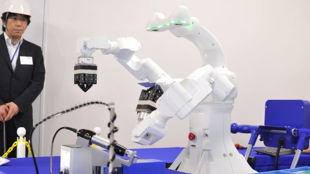 Epson's new dual-arm robot. The company hopes to have it working production and assembly lines within two years.