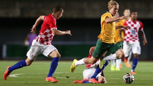 Ben Halloran is tackled during Australia's friendly against Croatia in Brazil on Friday night.