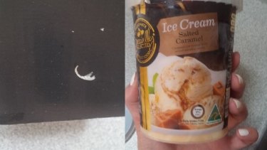 The fingernail (left) found in a tub of salted caramel ice cream bought from Aldi.