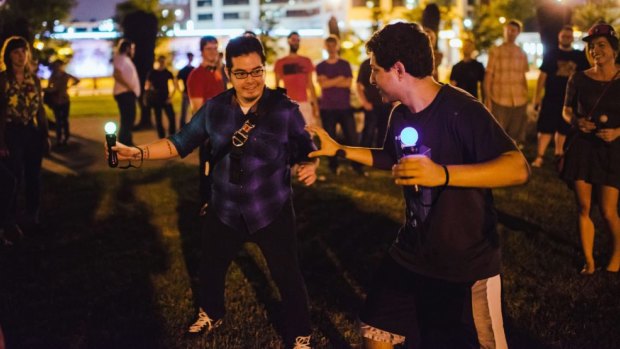 A friendly round of <i>Johann Sebastian Joust</i>, the no-screen physical multiplayer game that's been taking parties and events by storm for years, which is included as part of <i>Sportsfriends</i> (you don't have to play outside, it works just as well in a lounge room).