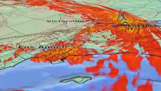 The simulated shaking from a possible magnitude-8 earthquake on the San Andreas fault.