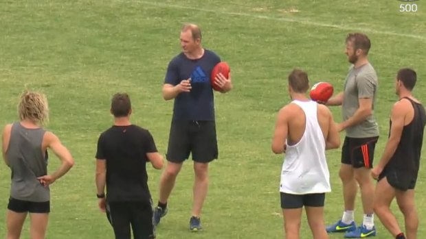 Sean Welllman takes charge as banned Essendon players train on Monday.