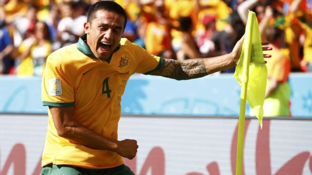 Special moment: Tim Cahill celebrates his goal.