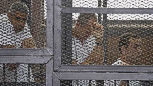 Controversial charges: Al-Jazeera journalists Mohammed Fahmy, Peter Greste and Baher Mohamed in court during their trial.