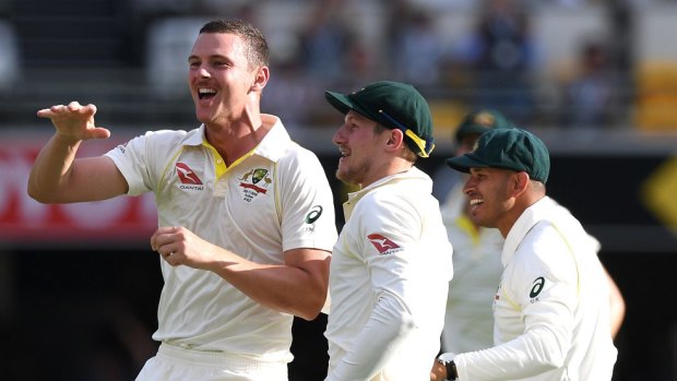 Finding his groove: Australia and Josh Hazlewood celebrate his dismissal of James Vince for two runs.