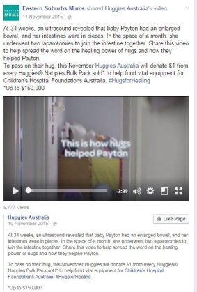 One in a series of three posts Huggies paid to have shared on the Eastern Suburbs Mums Facebook page.