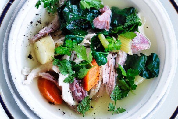 Neil Perry's 'spring' pot au feu with poached chicken breast.
