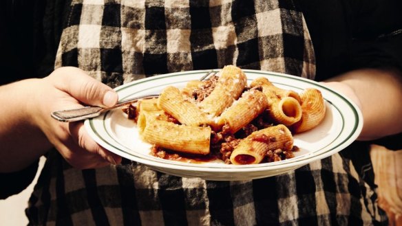 Lamb ragu with large rigatoni pasta.