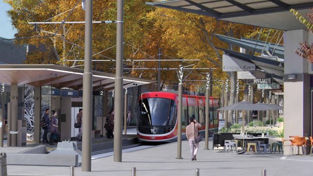 An artist's impression of a light rail stop at Gungahlin Place in Canberra's north.