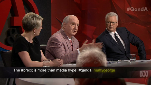 Against plebiscite ... <i>Q&A</i> panellist Alan Jones, centre, believes parliament should vote on the issue of marriage equality.
