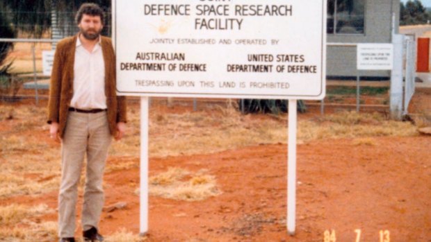 Desmond Ball at the entrance to Pine Gap in 1984.