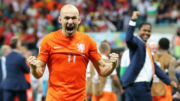 Celebration: Arjen Robben reacts after the Netherlands won their quarter-final over Costa Rica. 