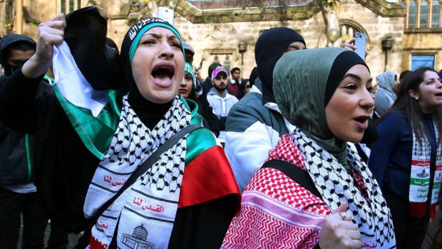 Pro-Palestinian supporters chant during a rally in Sydney against Israel's recent attacks on Gaza.