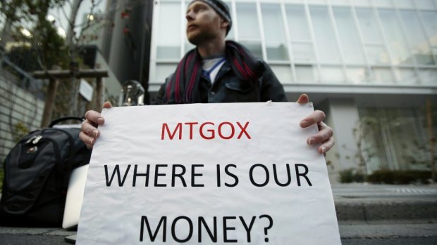 Mt. Gox customer Kolin Burges protests outside the company's headquarters in Tokyo.
