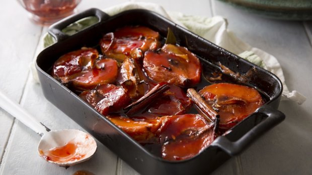 Deep pink: Slow roasted quinces with honey.
